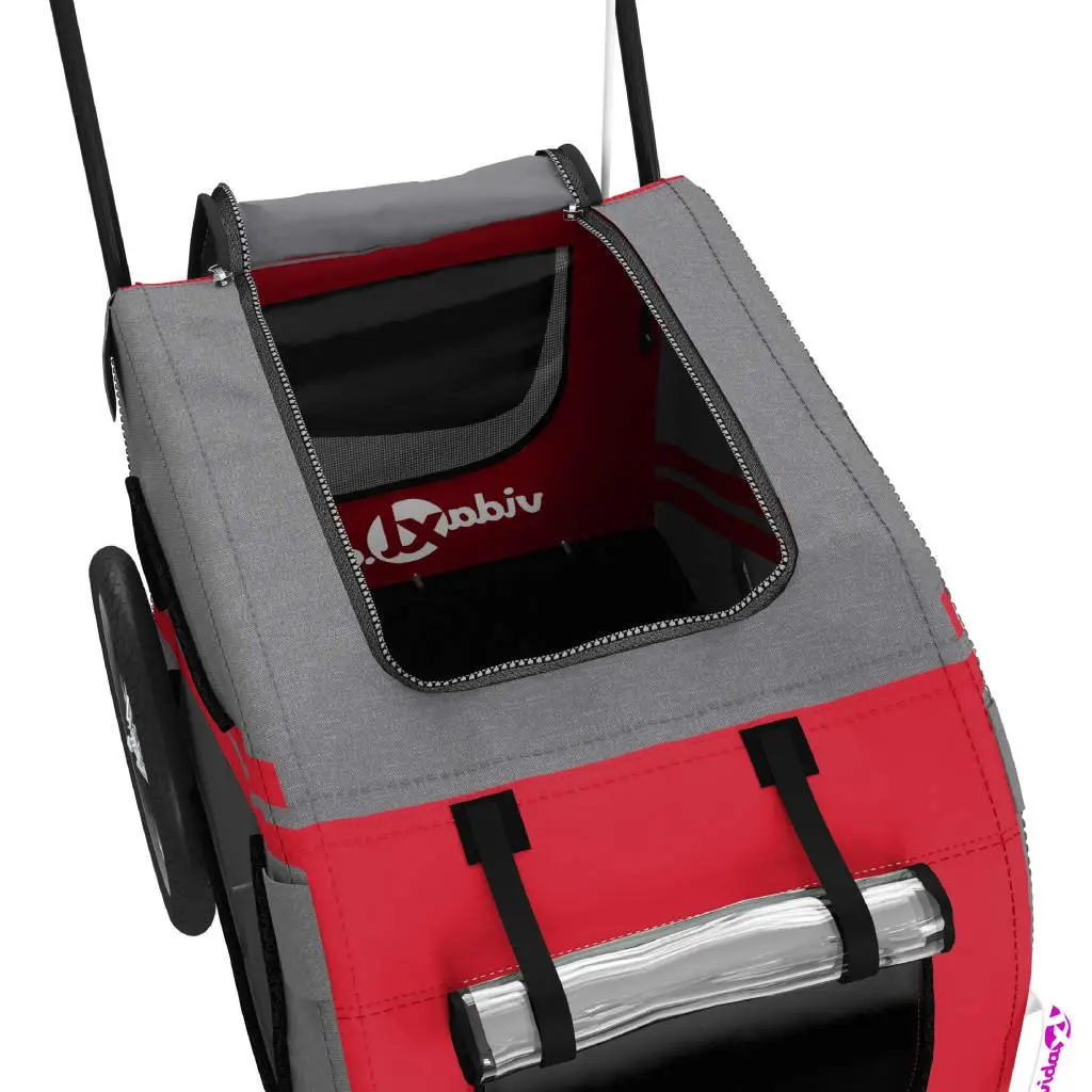 Pet Bike Trailer Red Grey Oxford Fabric Iron Frame Small Dogs Carrier Cycling