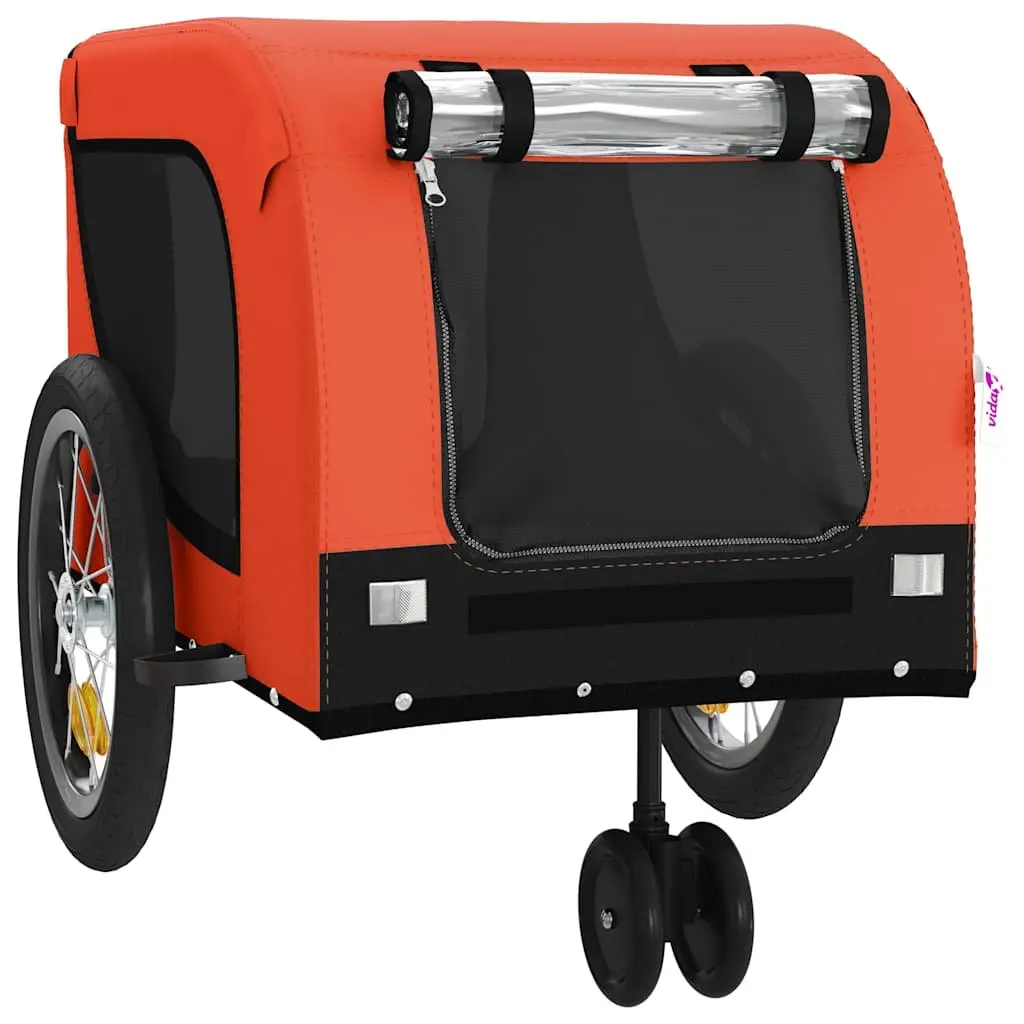 Pet Bike Trailer Orange Black Iron Frame Oxford Fabric Zippered Doors