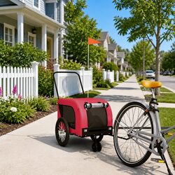 Pet Bike Trailer Red Oxford Fabric Iron Frame Zippered Doors Mesh Windows Small