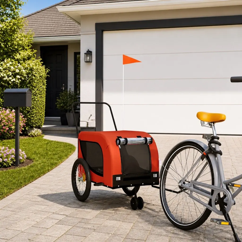 Pet Bike Trailer Orange Black Oxford Fabric Iron Frame Zippered Doors Mesh