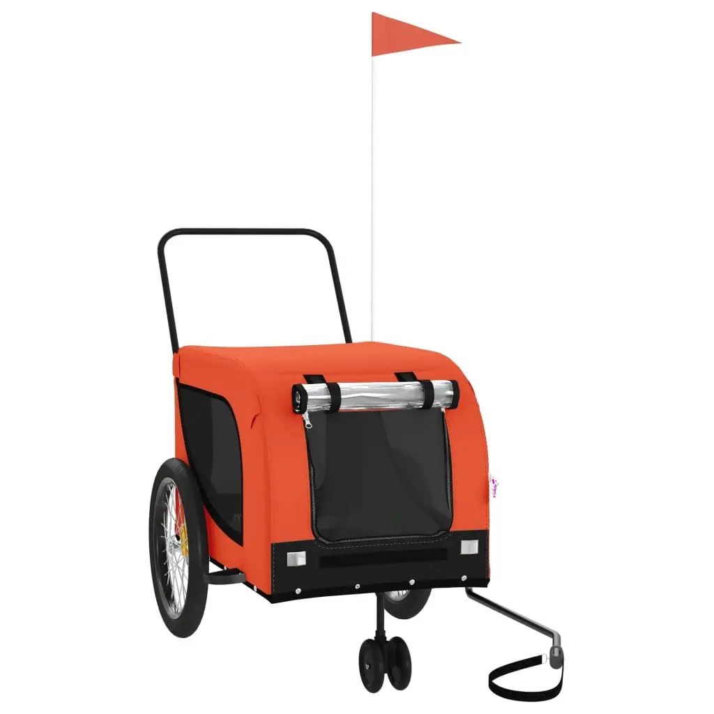Pet Bike Trailer Orange Black Oxford Fabric Iron Frame Zippered Doors Mesh