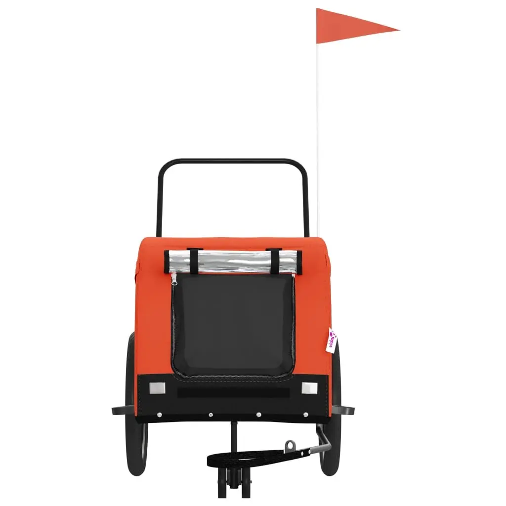Pet Bike Trailer Orange Black Oxford Fabric Iron Frame Zippered Doors Mesh