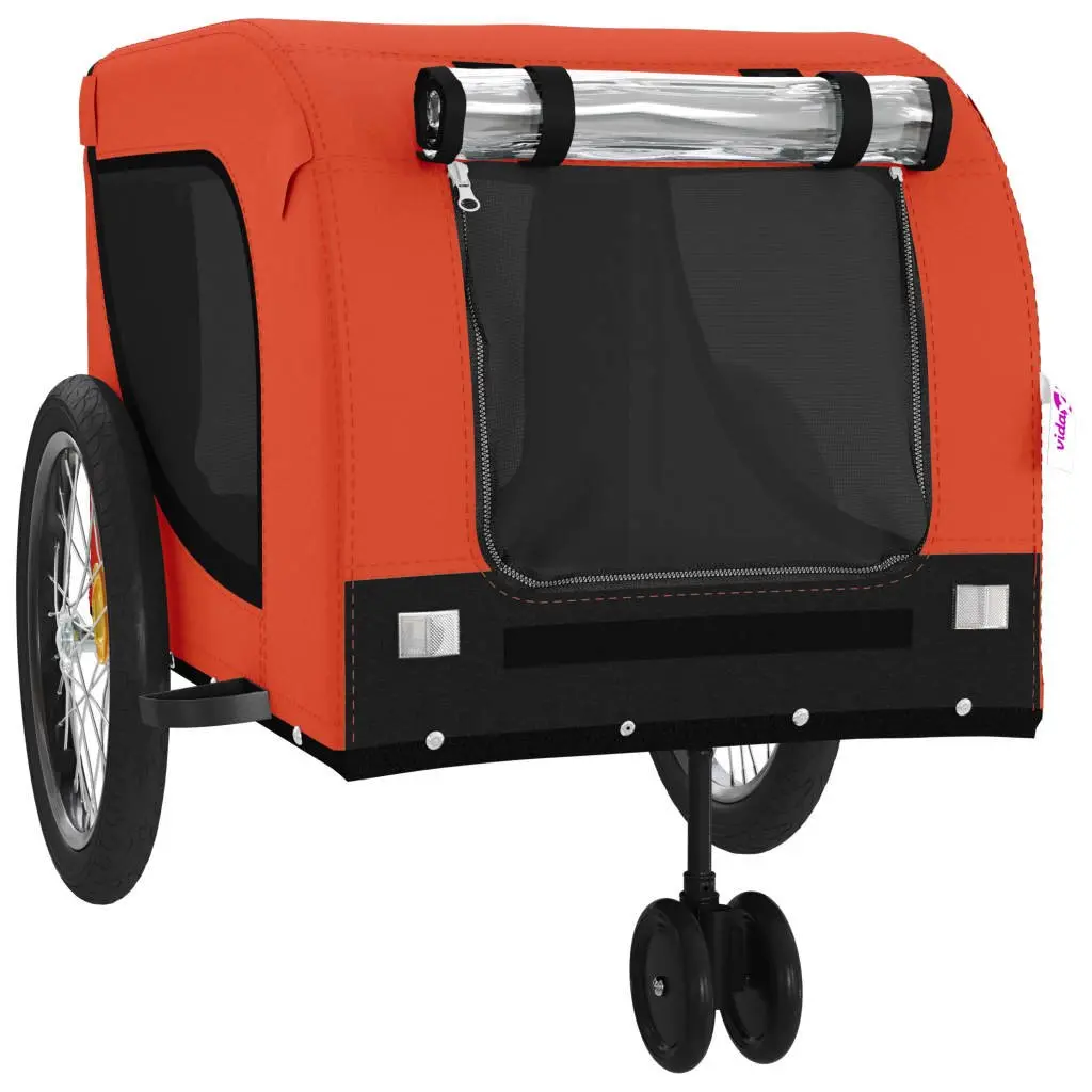Pet Bike Trailer Orange Black Oxford Fabric Iron Frame Zippered Doors Mesh
