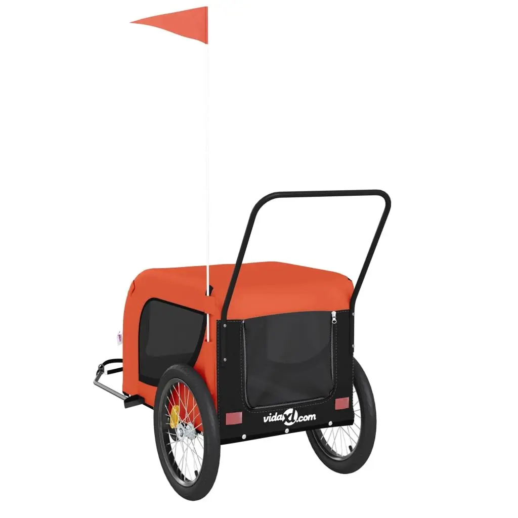 Pet Bike Trailer Orange Black Oxford Fabric Iron Frame Zippered Doors Mesh