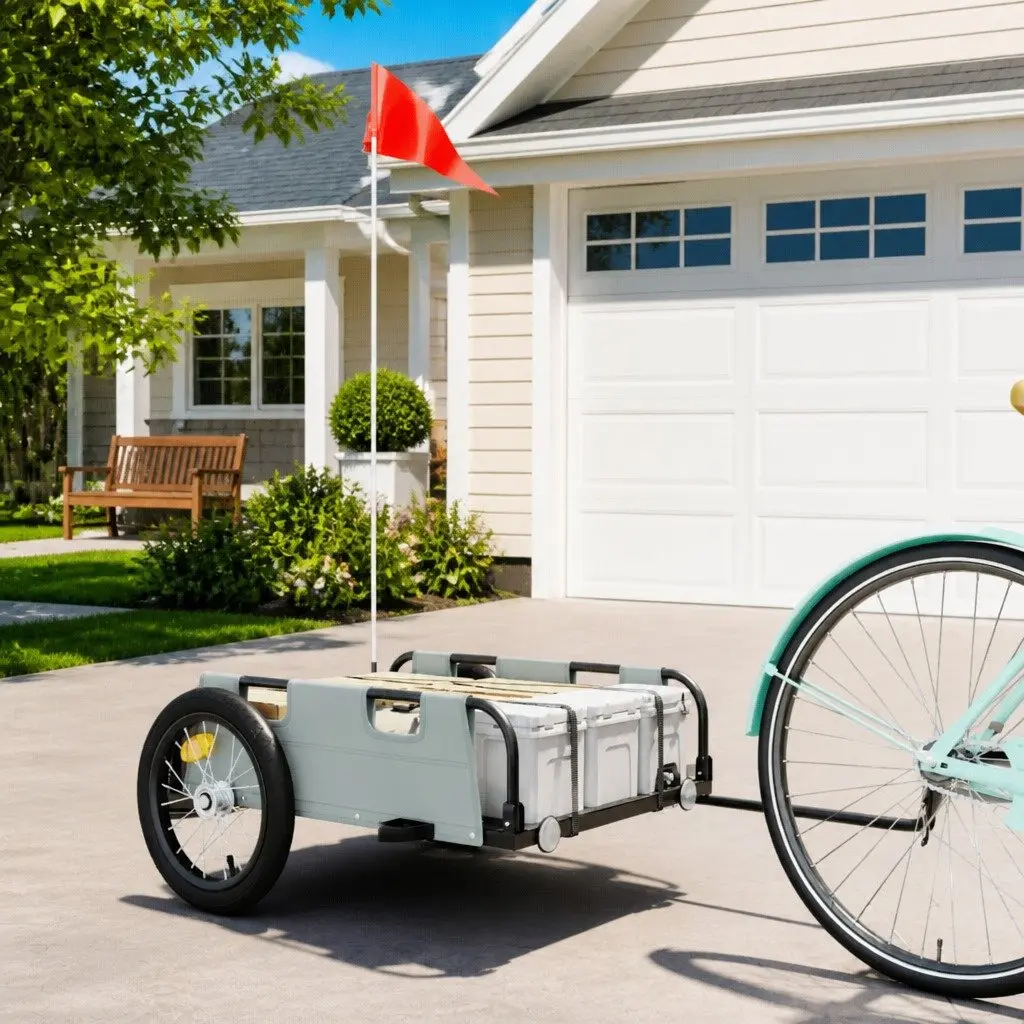 Bike Trailer Cargo Cart Bicycle Attachment Grey Oxford Fabric Iron Frame