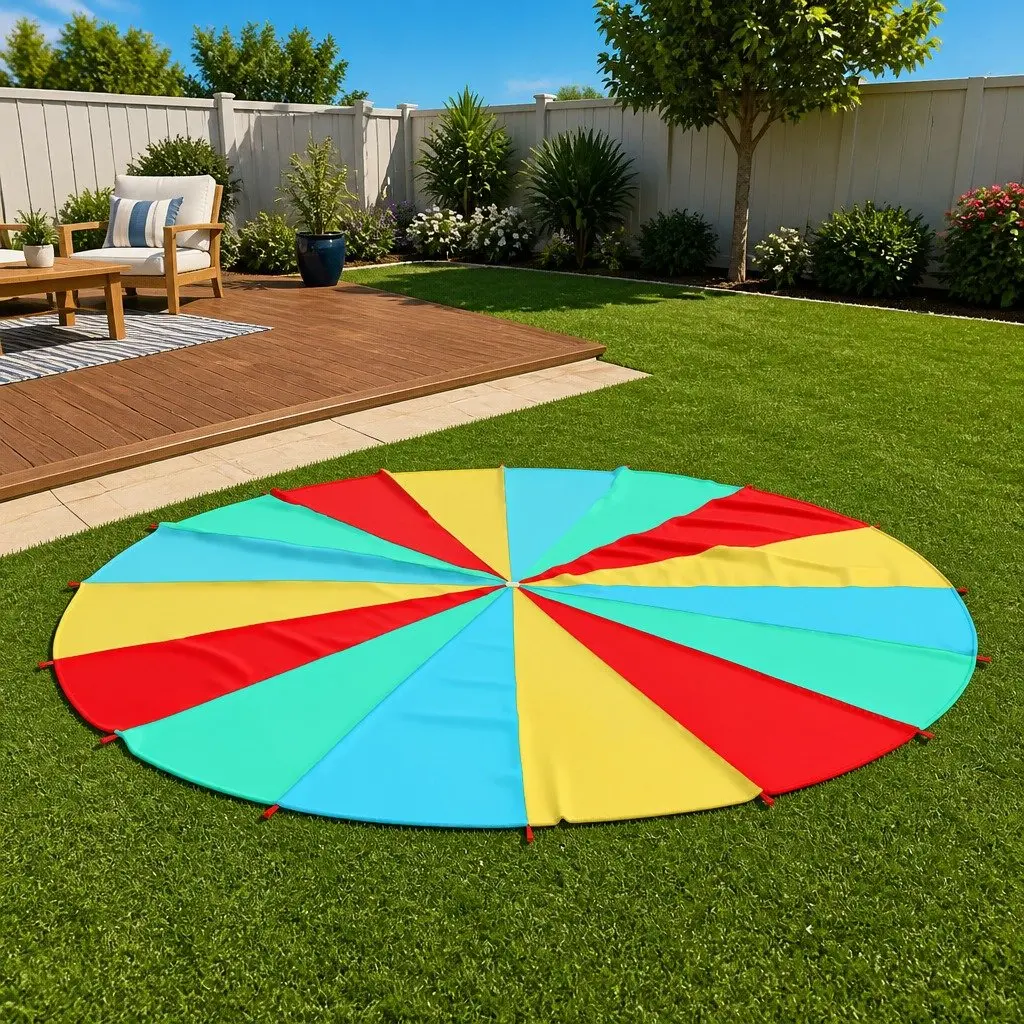Kids Play Parachute 6m Diameter Rainbow Parachute Game with 16 Handles