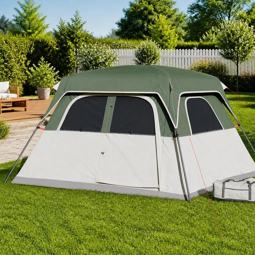 Camping Tent 6-Person Waterproof Green Cabin with Detachable Rainfly and Mosquito Protection