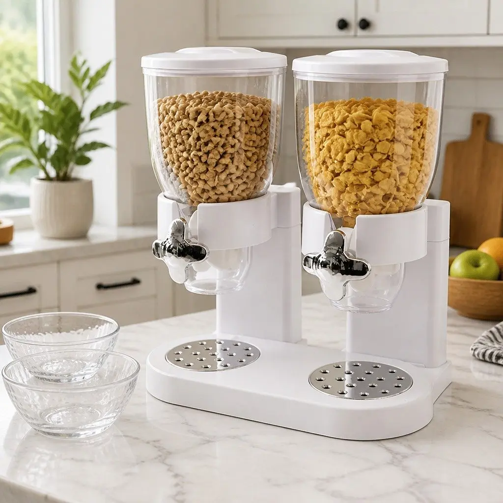 Double Cereal Dispenser Dry Food Storage Portion Control Twist Knob White