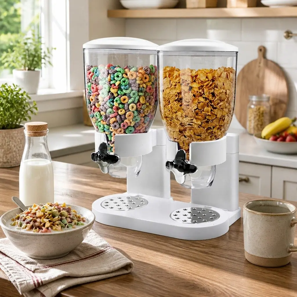 Double Cereal Dispenser Dry Food Storage Portion Control Twist Knob White