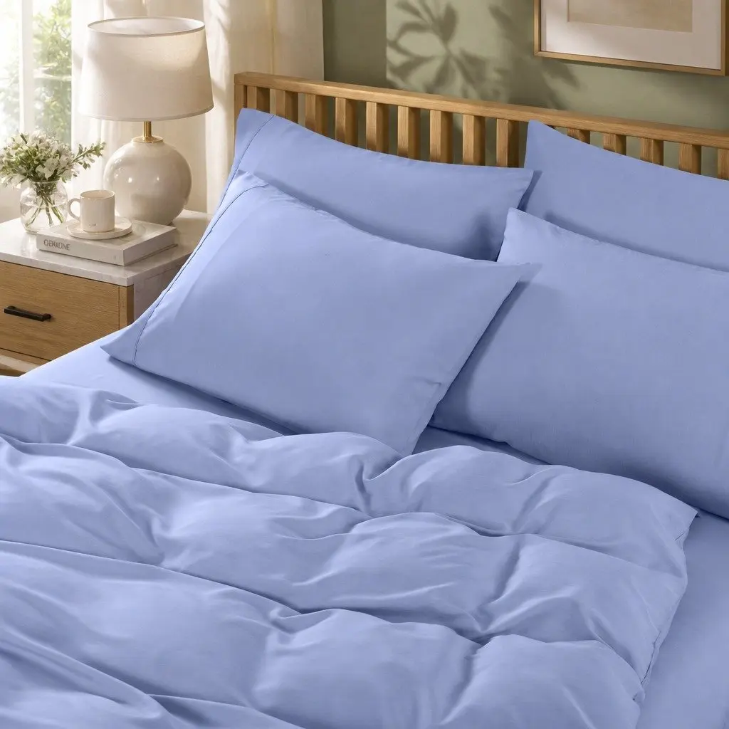 Bedding Combo Set Bamboo Cooling 2000TC Queen Light Blue 6 Piece Deep Pocket Fitted Sheet