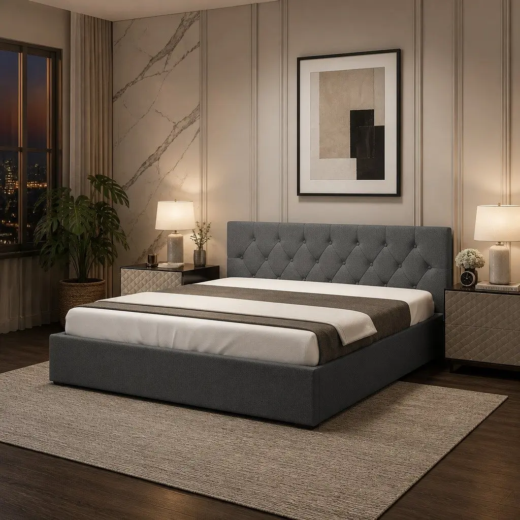 Gas Lift Bed with Tufted Headboard Double Size Storage Platform Modern Bedroom