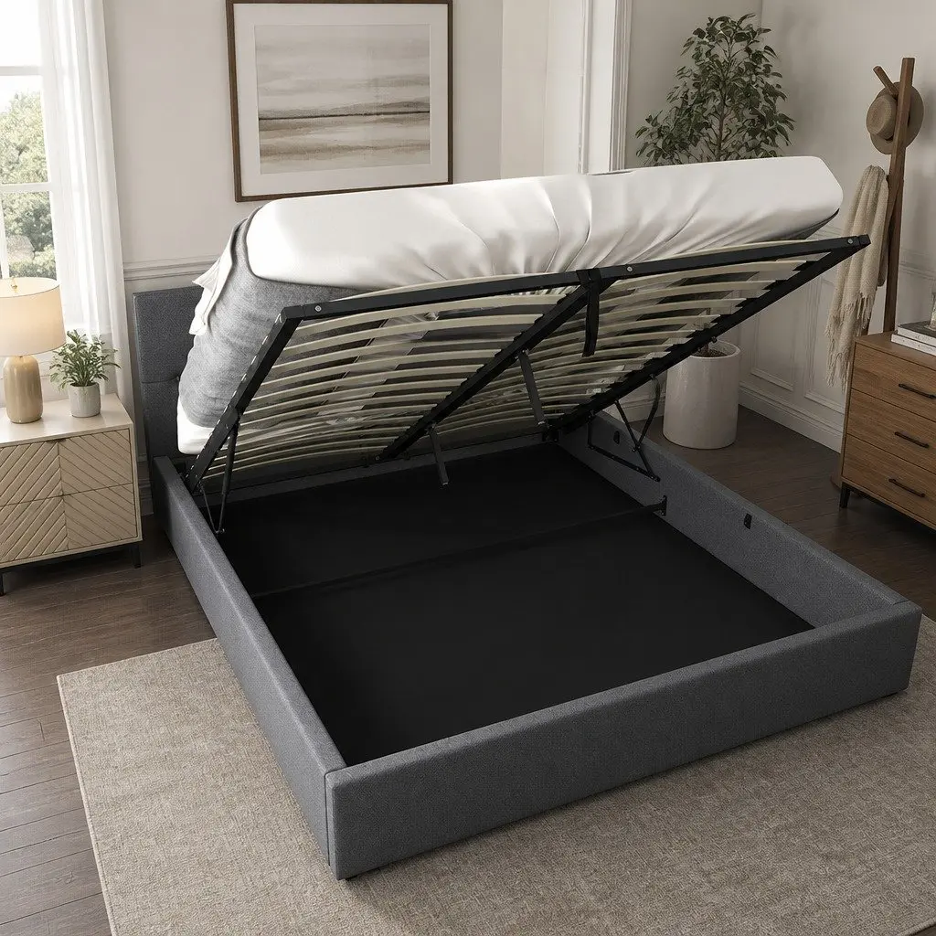 Gas Lift Bed with Tufted Headboard Double Size Storage Platform Modern Bedroom