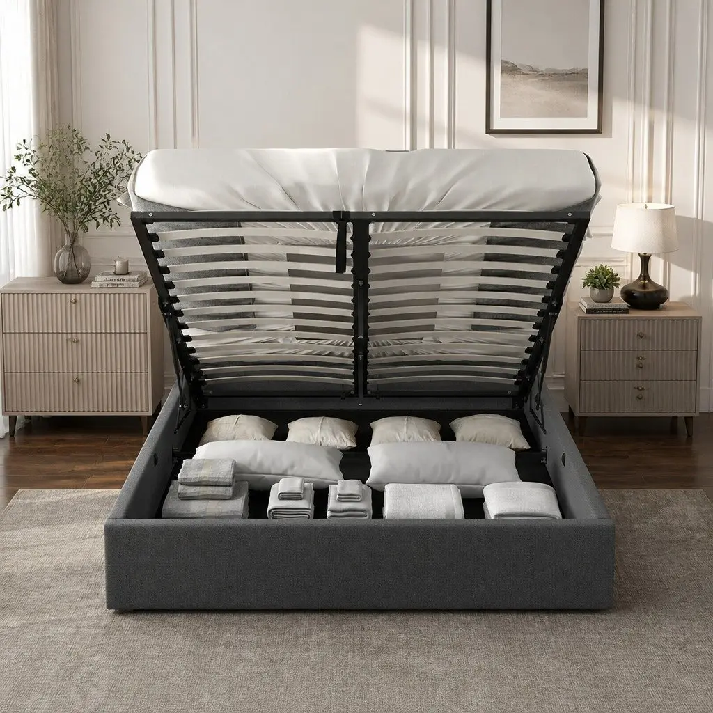 Gas Lift Bed with Tufted Headboard Double Size Storage Platform Modern Bedroom