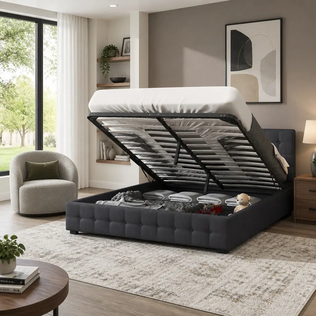 Gas Lift Storage Bed Double Dark Grey Tufted Upholstered Frame with Headboard