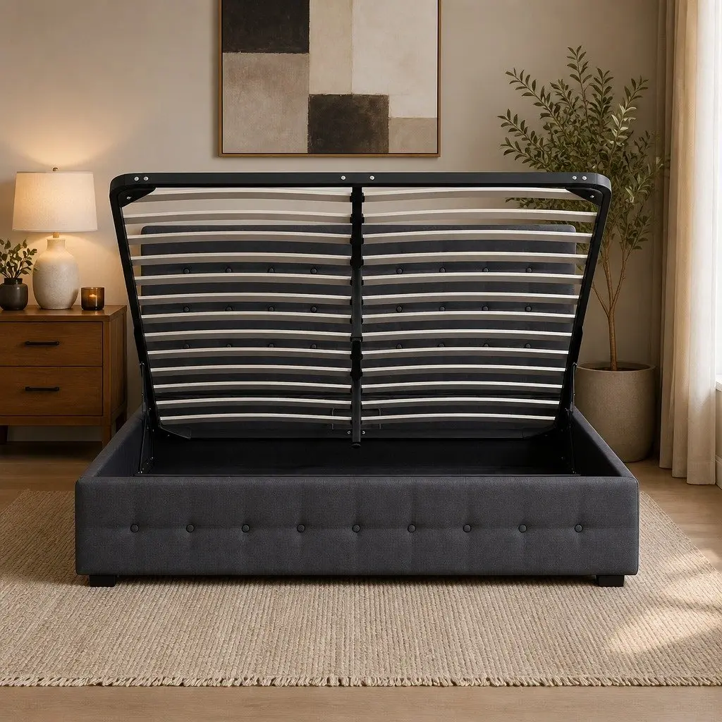 Gas Lift Storage Bed Double Dark Grey Tufted Upholstered Frame with Headboard