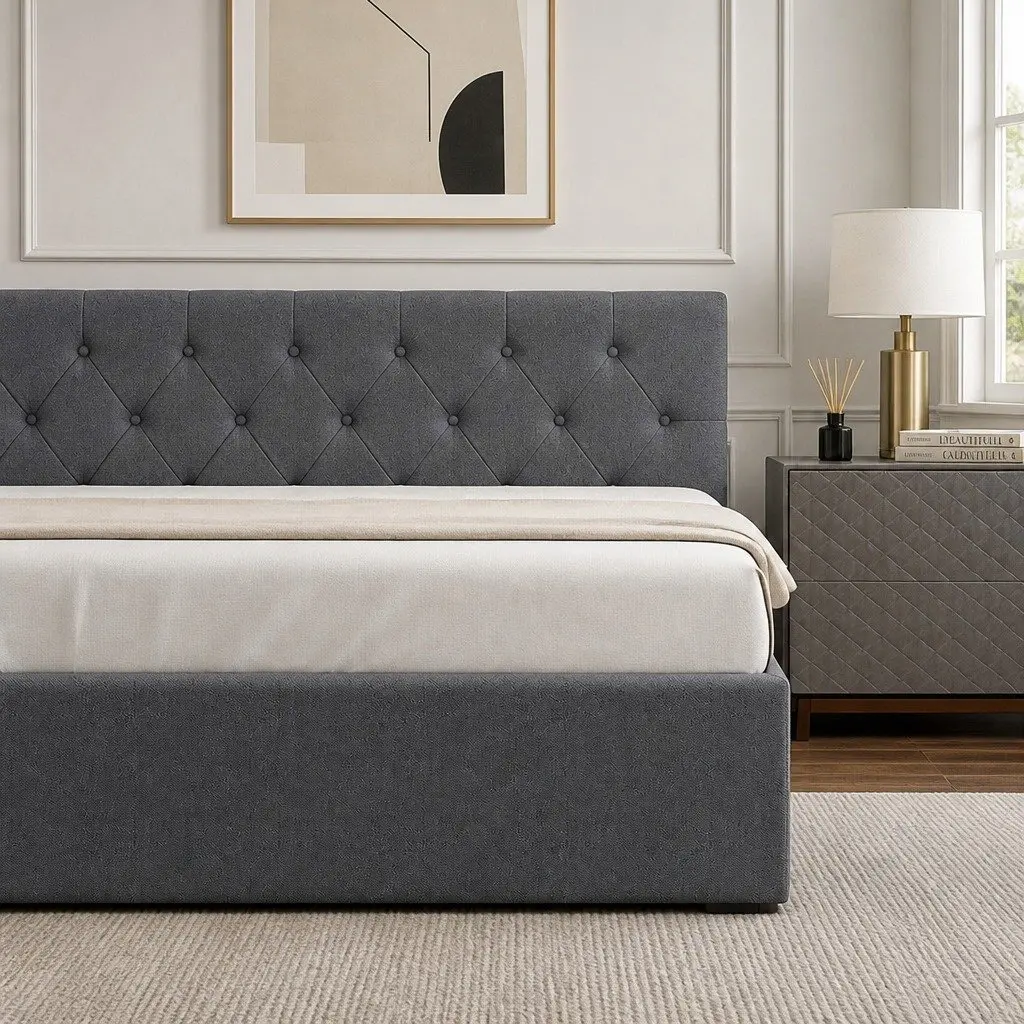 Gas Lift Storage Bed King Single Tufted Headboard Modern Bedroom Furniture