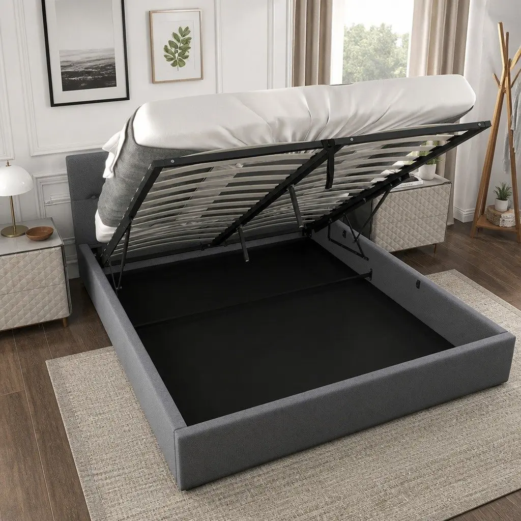 Gas Lift Storage Bed King Single Tufted Headboard Modern Bedroom Furniture