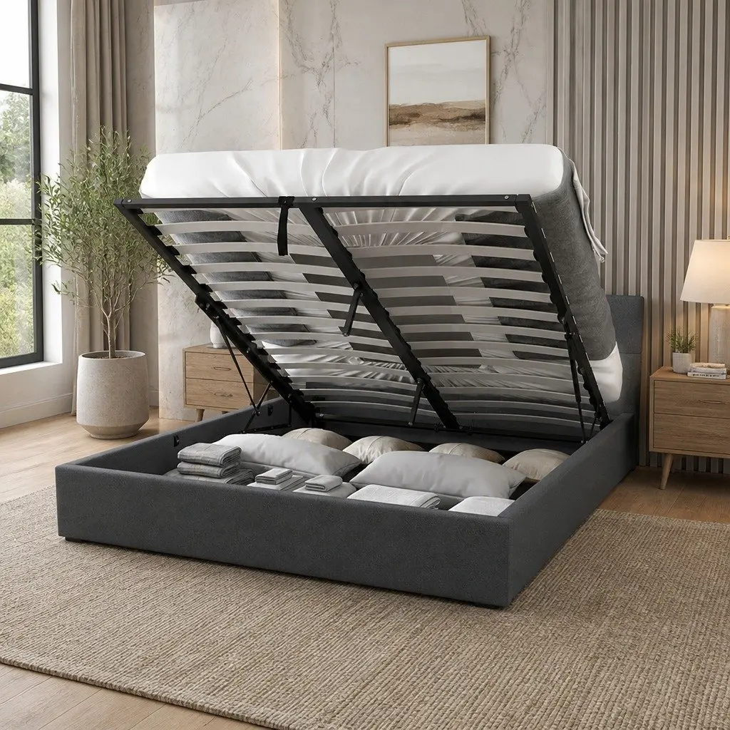 Gas Lift Storage Bed King Single Tufted Headboard Modern Bedroom Furniture