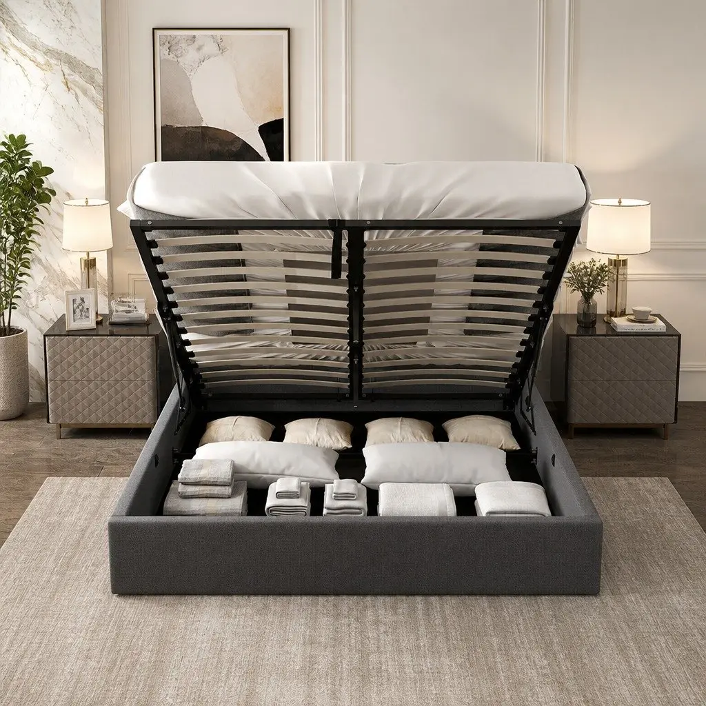 Gas Lift Storage Bed King Single Tufted Headboard Modern Bedroom Furniture