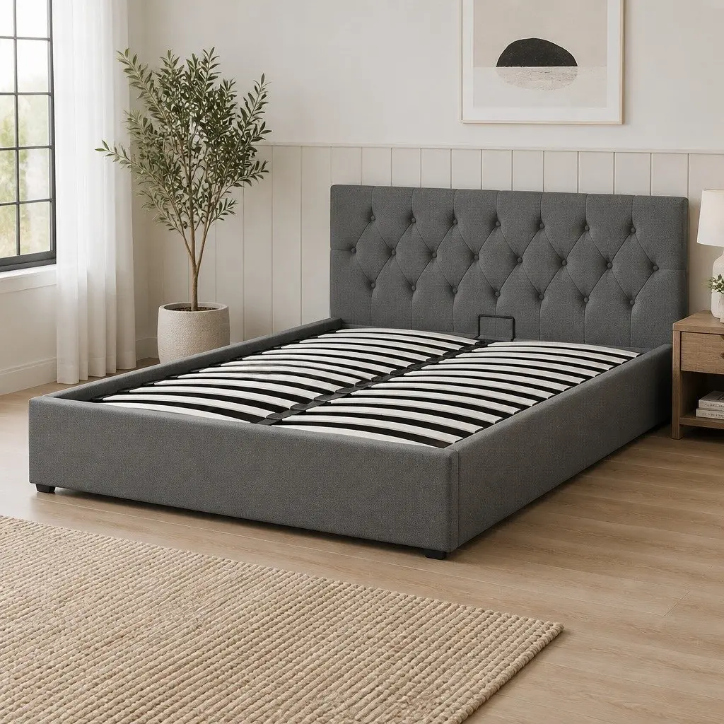 Gas Lift Bed Frame Queen Size Storage Platform Tufted Headboard