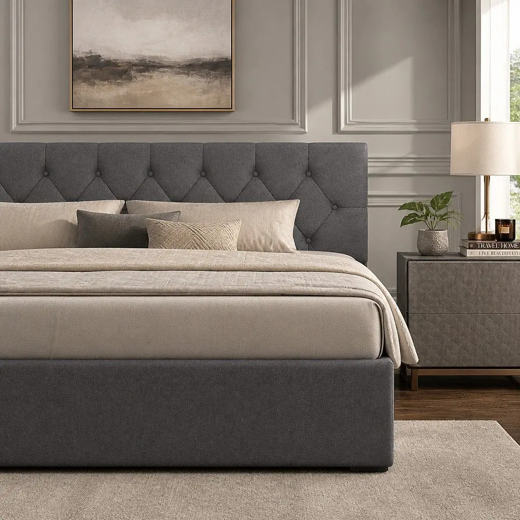 Gas Lift Bed Frame Queen Size Storage Platform Tufted Headboard