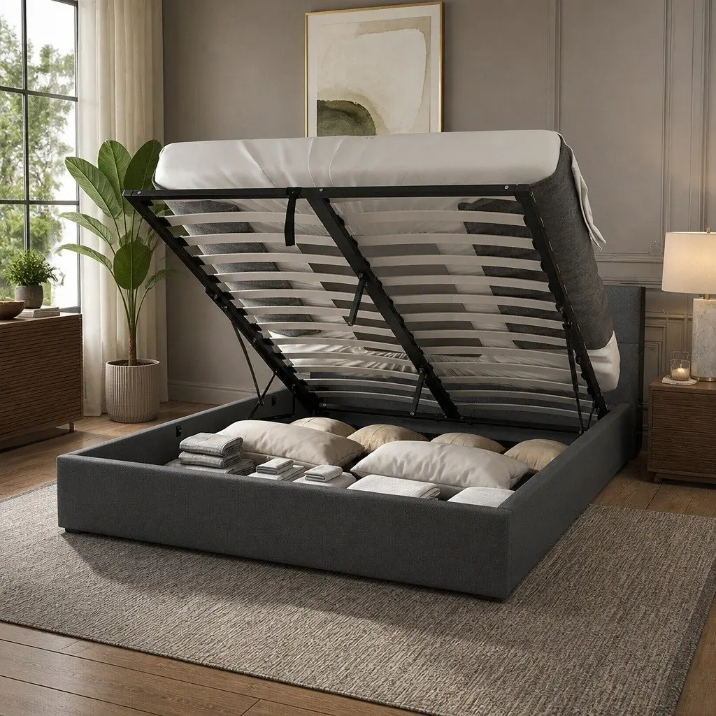 Gas Lift Bed Frame Queen Size Storage Platform Tufted Headboard