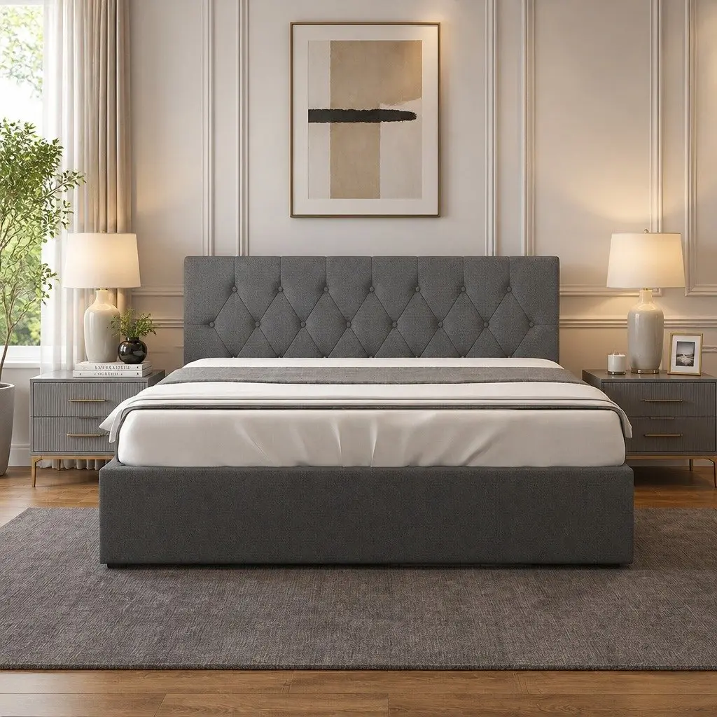 Gas Lift Bed Frame Queen Size Storage Platform Tufted Headboard