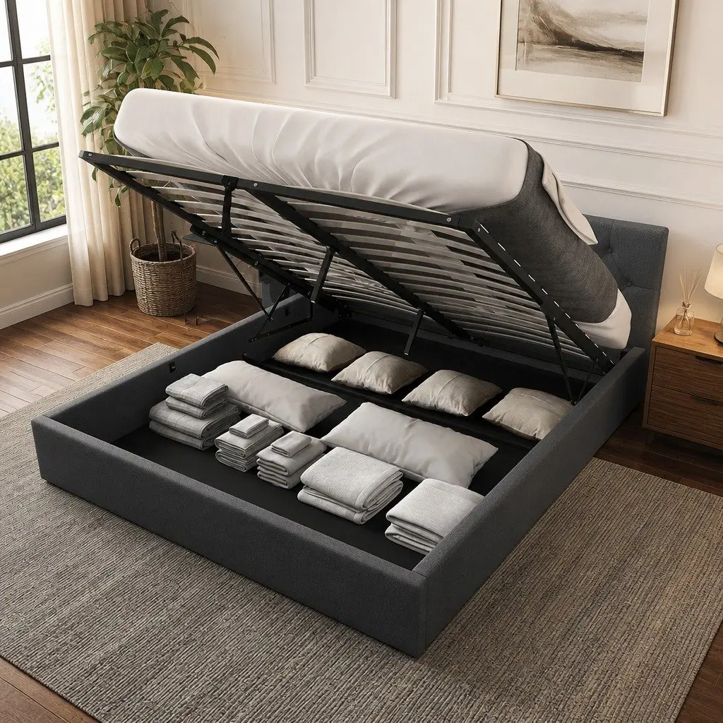 Gas Lift Bed Frame Queen Size Storage Platform Tufted Headboard