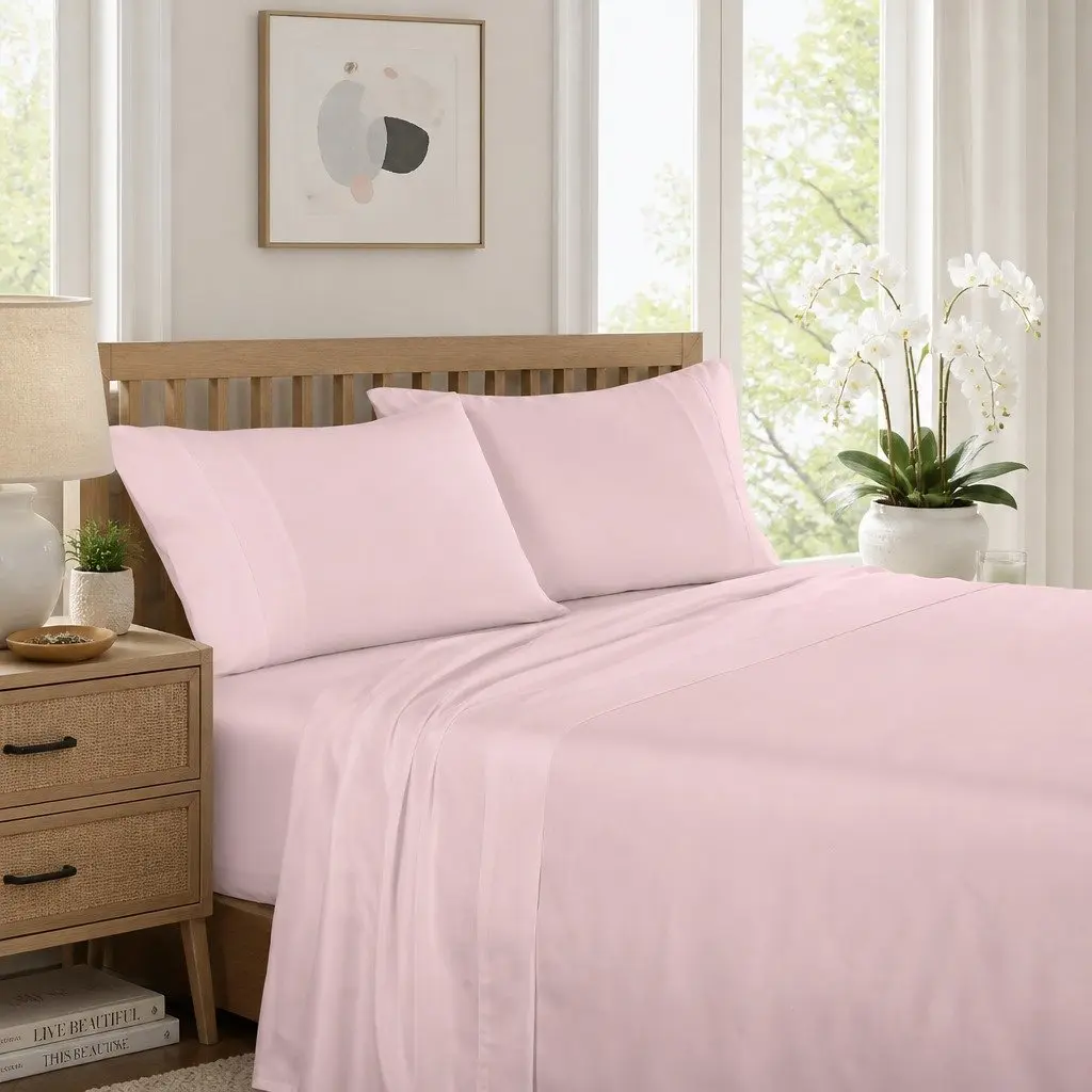 1200TC Sheet Set Queen Bed 4 Piece Flat Fitted Pillowcases Soft Pink Satin Weave