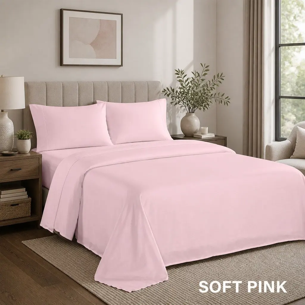 1200TC Sheet Set Queen Bed 4 Piece Flat Fitted Pillowcases Soft Pink Satin Weave