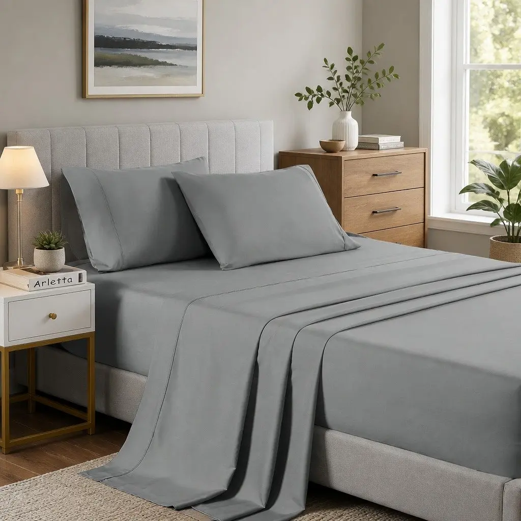 Bamboo Sheet Set Cooling 2000TC Single Bed Soft Microfibre Blend Mid Grey