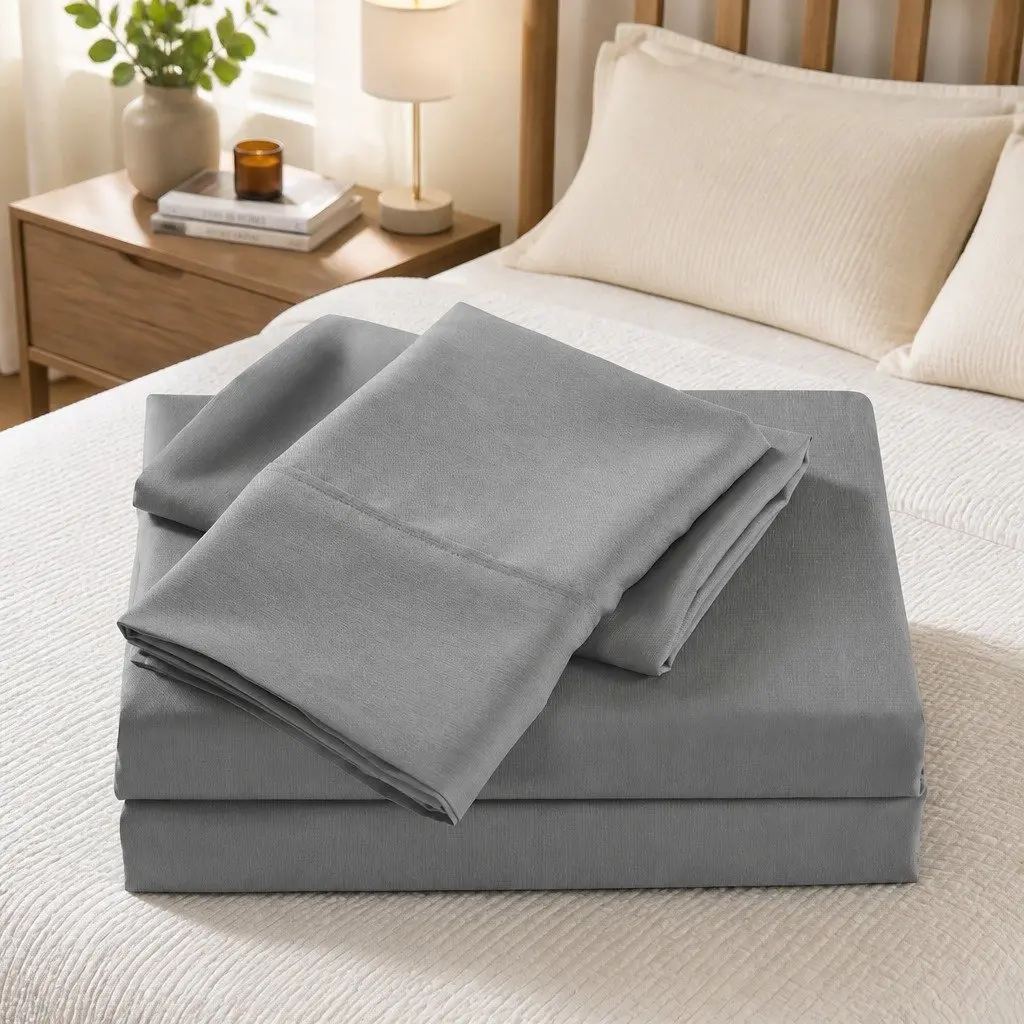 Bamboo Sheet Set Double Cooling 2000TC Mid Grey Satin Soft Breathable