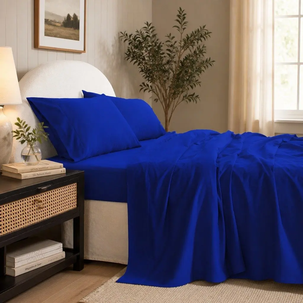 Cotton Sheet Set Single Vintage Washed Bedding Royal Blue