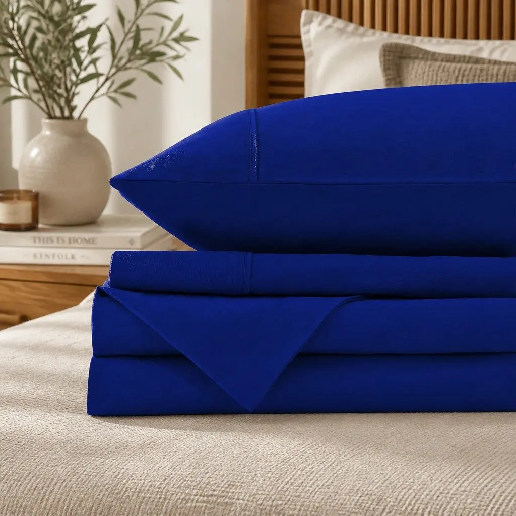 Cotton Sheet Set Double Bed Vintage Washed Soft Percale Bedding Royal Blue