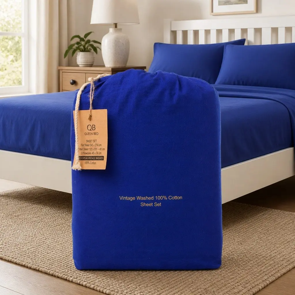 Cotton Sheet Set Double Bed Vintage Washed Soft Percale Bedding Royal Blue