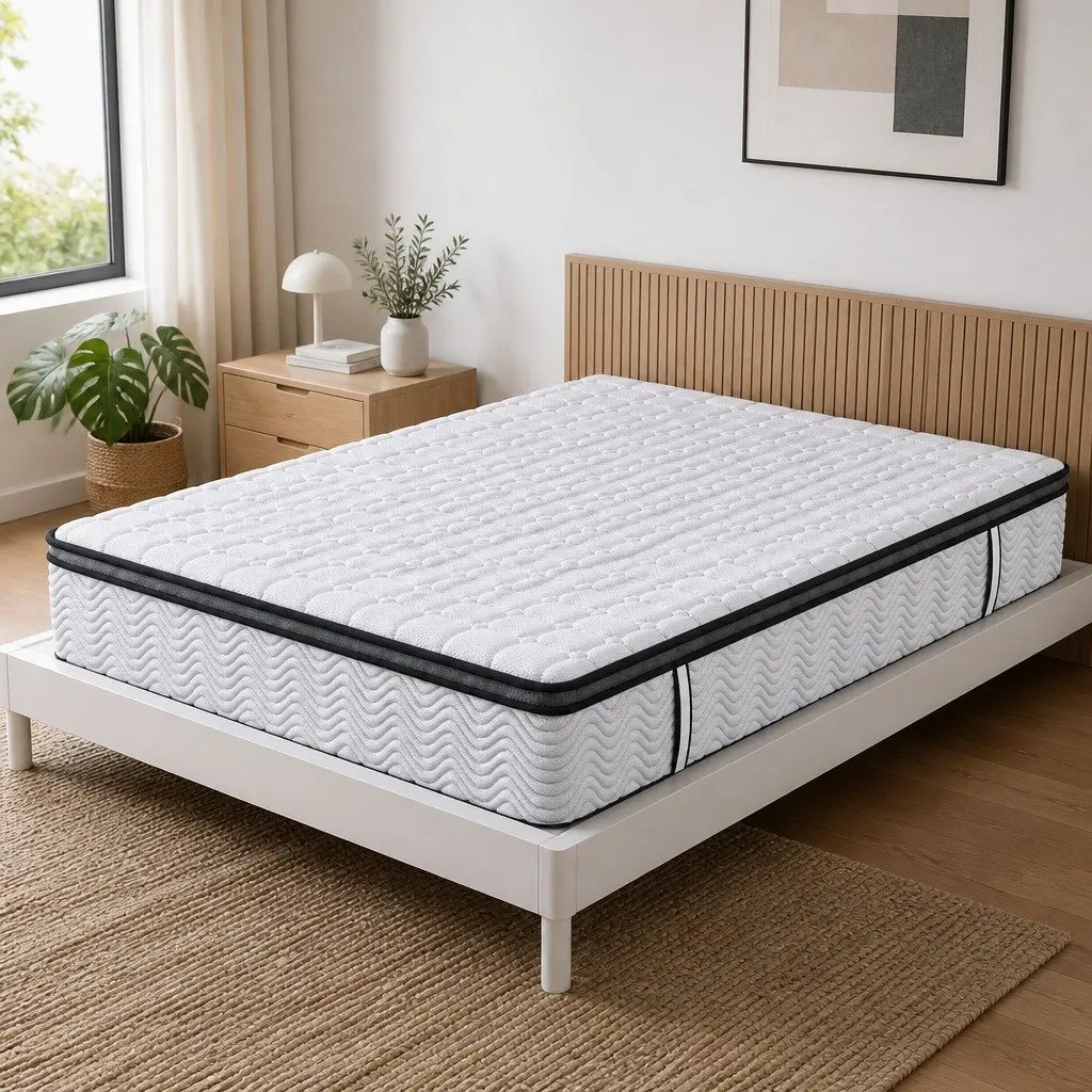 Double Pocket Spring Mattress Medium-Firm 5-Zone Support Hybrid Foam Latex Double Size White with Black Grey Trim