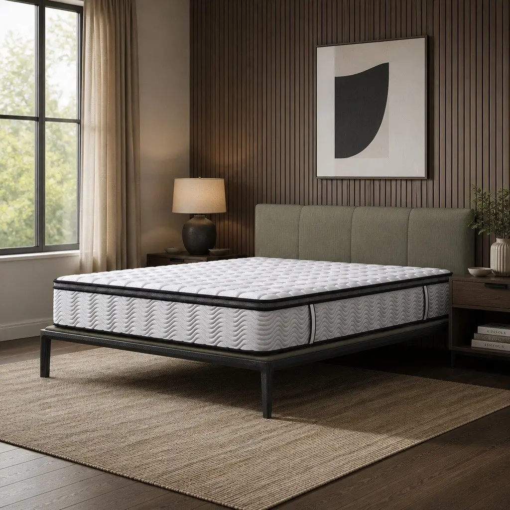Double Pocket Spring Mattress Medium-Firm 5-Zone Support Hybrid Foam Latex Double Size White with Black Grey Trim