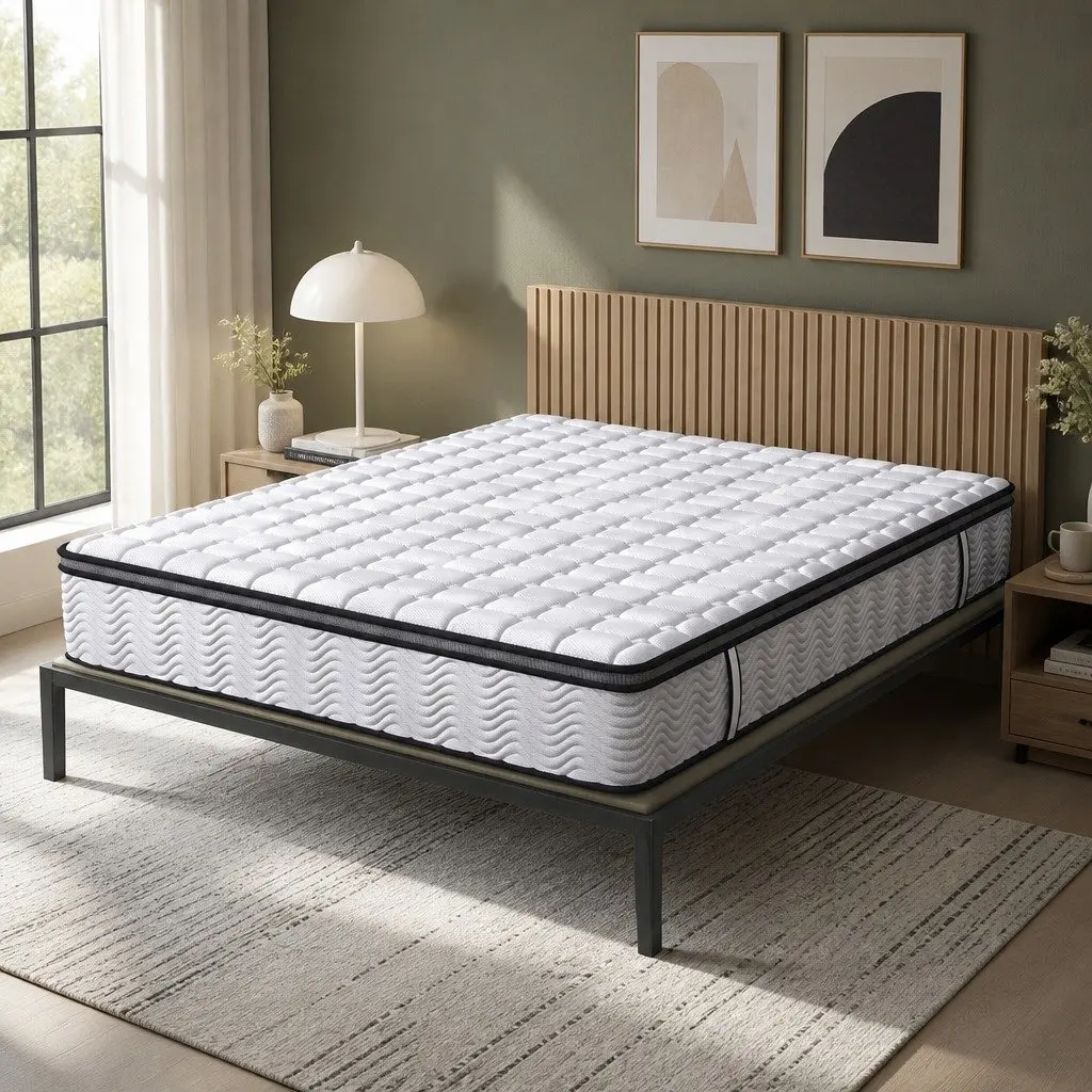Double Pocket Spring Mattress Medium-Firm 5-Zone Support Hybrid Foam Latex Double Size White with Black Grey Trim