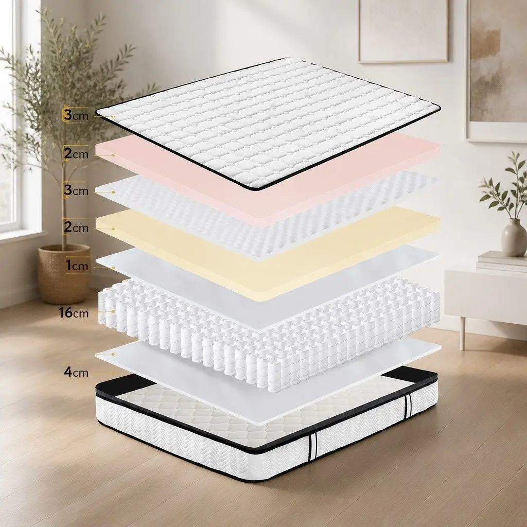 Double Pocket Spring Mattress Medium-Firm 5-Zone Support Hybrid Foam Latex Double Size White with Black Grey Trim