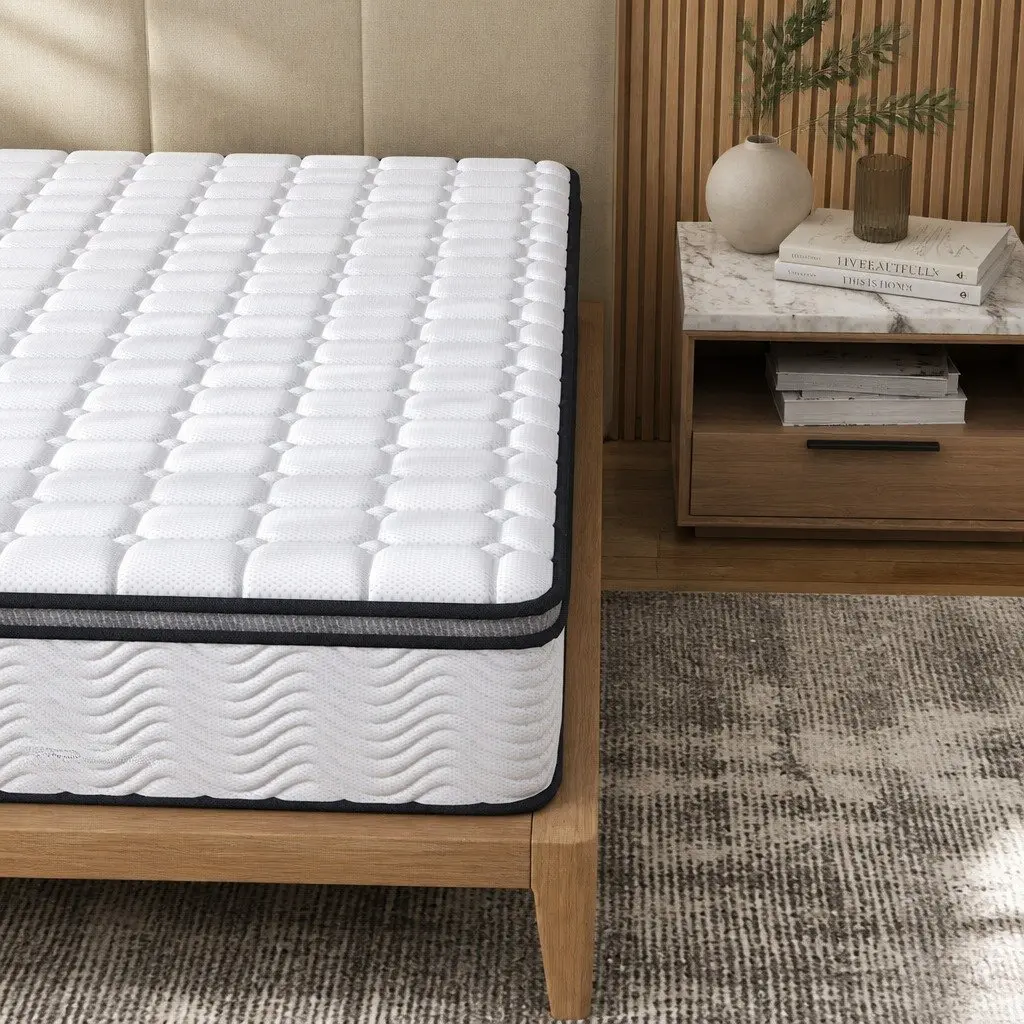 Double Pocket Spring Mattress Medium-Firm 5-Zone Support Hybrid Foam Latex Double Size White with Black Grey Trim