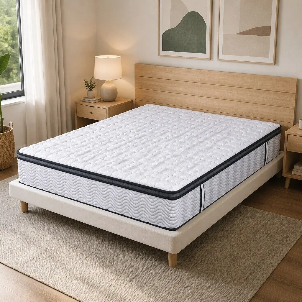 Queen Mattress Medium Firm Hybrid Foam Pocket Spring 5 Zone Support White with Black Grey Trim