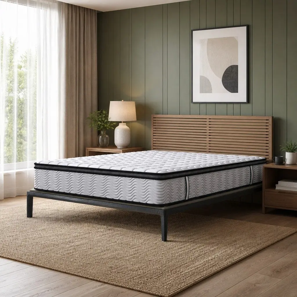 Queen Mattress Medium Firm Hybrid Foam Pocket Spring 5 Zone Support White with Black Grey Trim