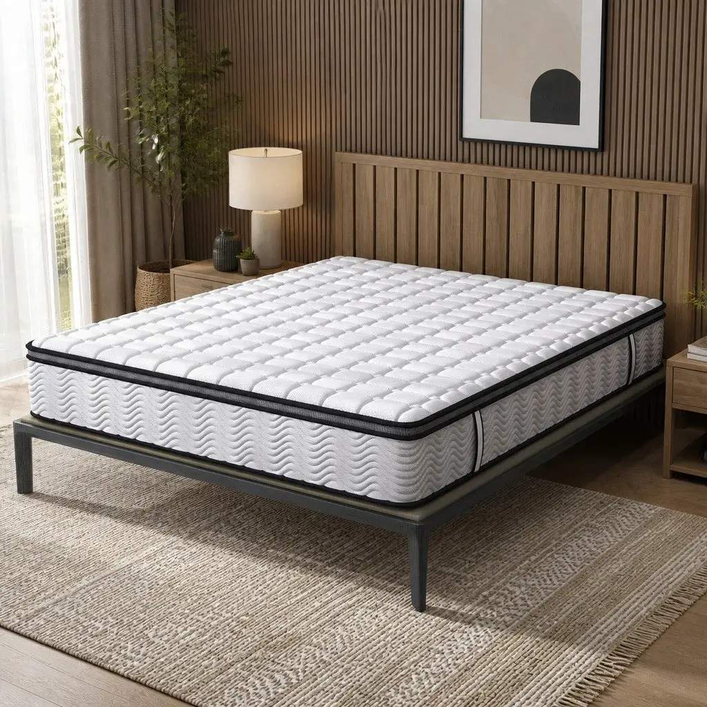 Queen Mattress Medium Firm Hybrid Foam Pocket Spring 5 Zone Support White with Black Grey Trim