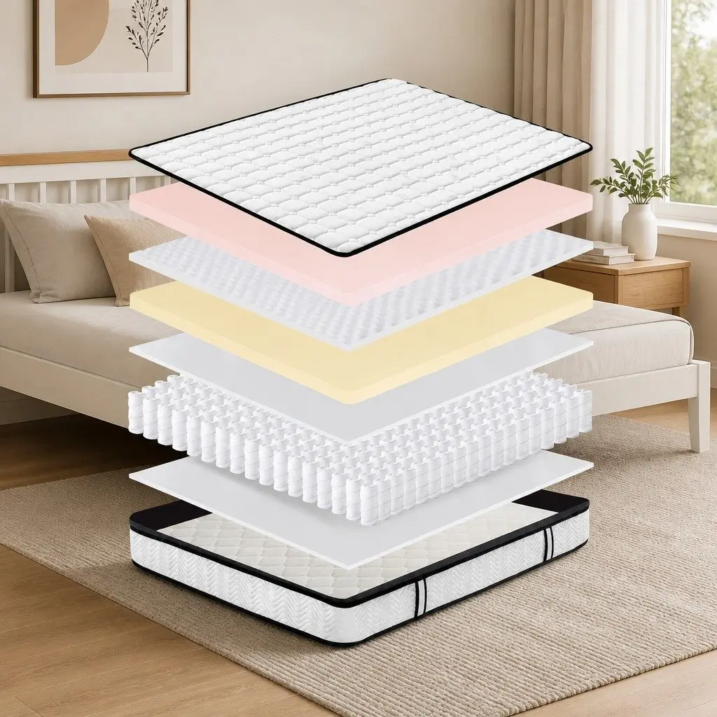 Queen Mattress Medium Firm Hybrid Foam Pocket Spring 5 Zone Support White with Black Grey Trim
