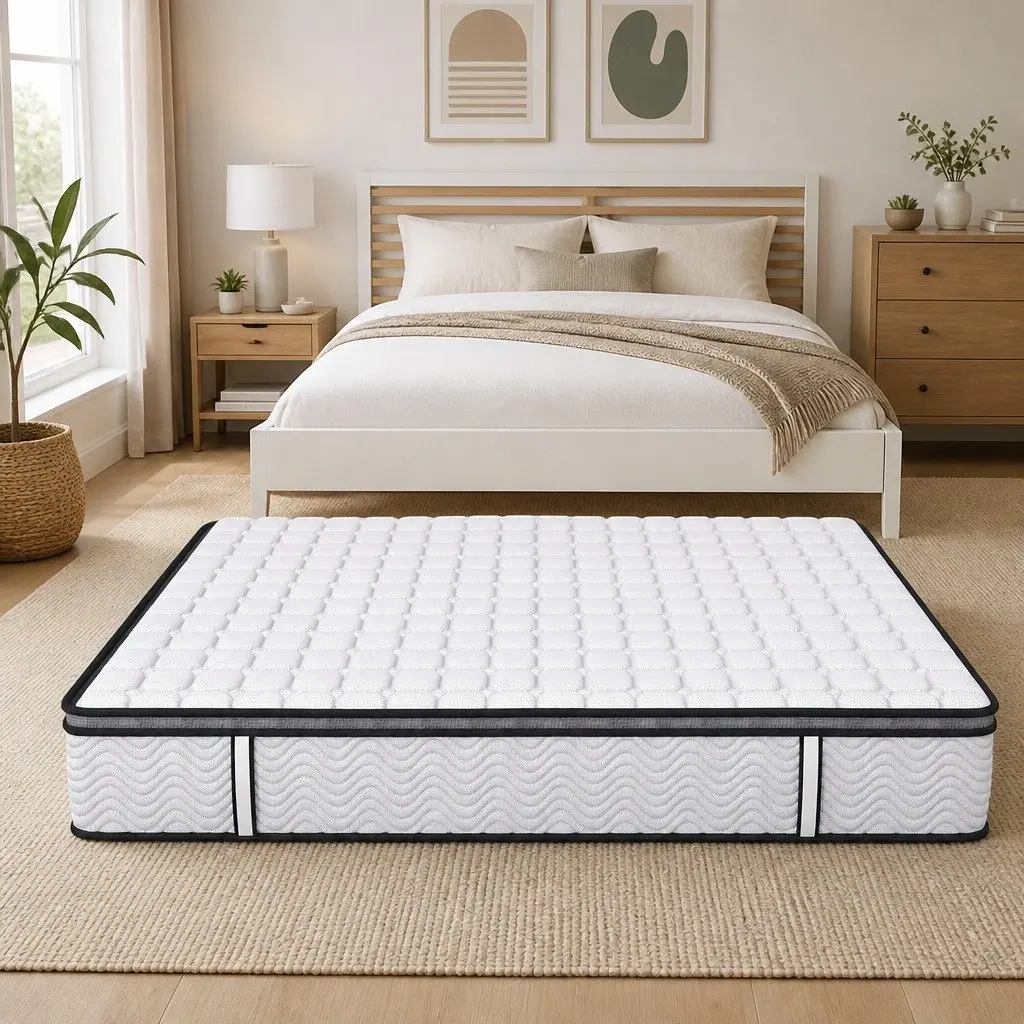 Queen Mattress Medium Firm Hybrid Foam Pocket Spring 5 Zone Support White with Black Grey Trim
