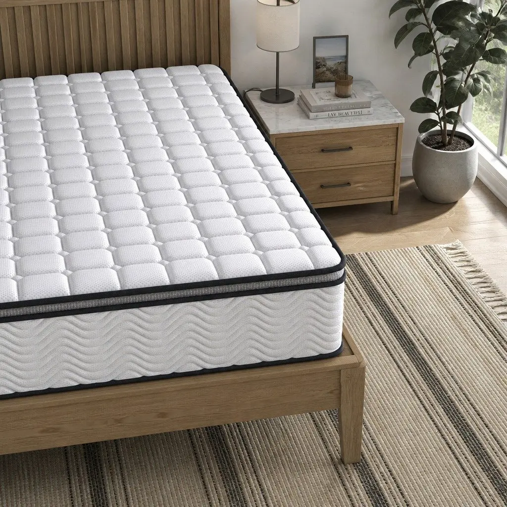 Queen Mattress Medium Firm Hybrid Foam Pocket Spring 5 Zone Support White with Black Grey Trim
