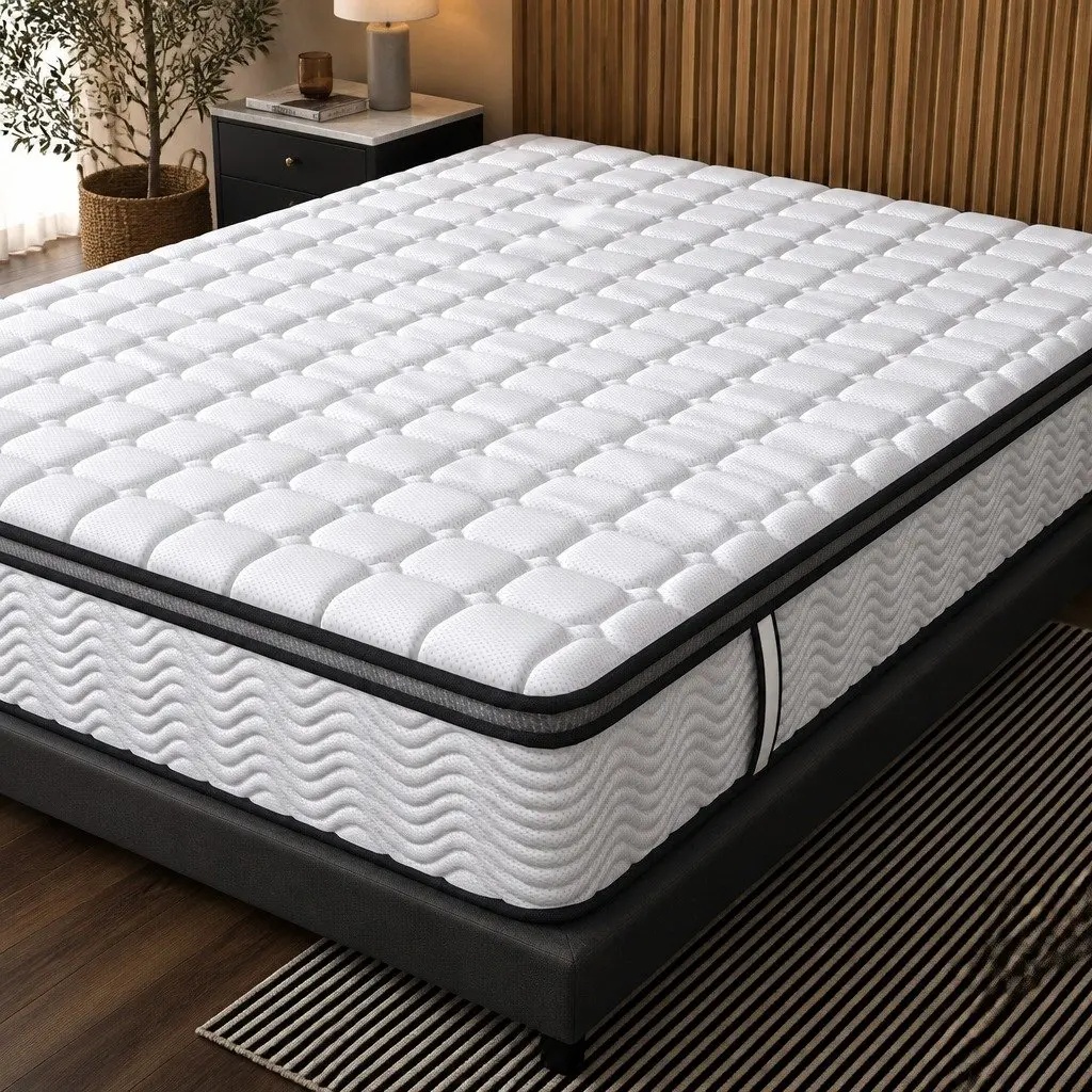 Queen Mattress Medium Firm Hybrid Foam Pocket Spring 5 Zone Support White with Black Grey Trim