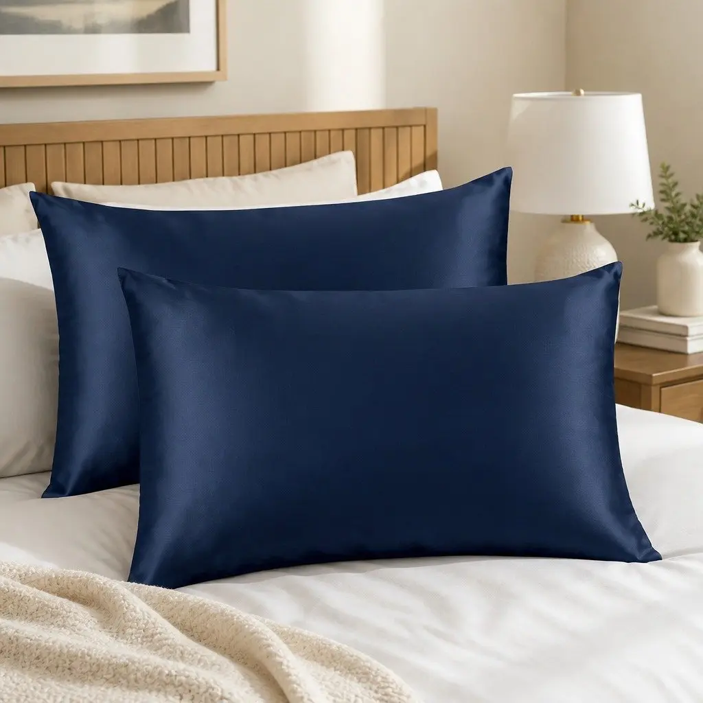 Mulberry Silk Pillowcase Twin Pack Hypoallergenic Breathable 51x76cm Navy