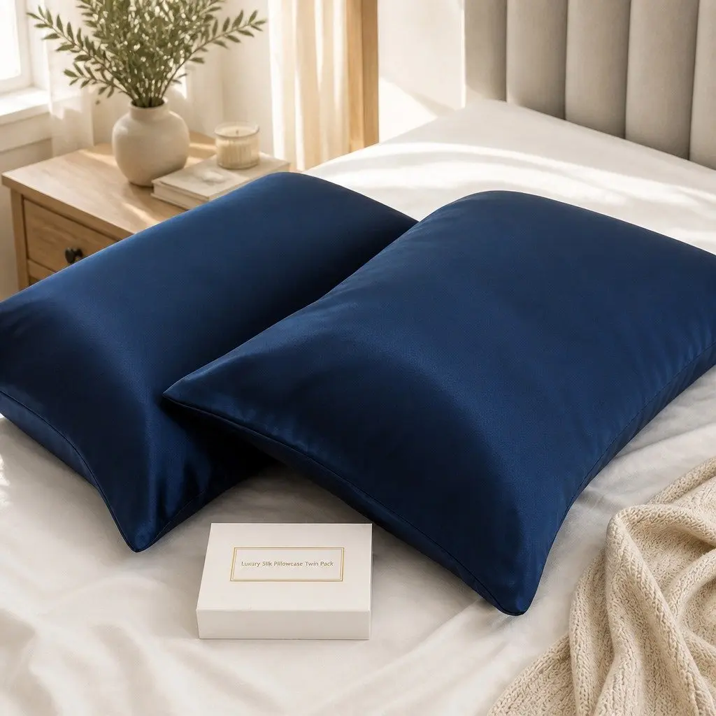 Mulberry Silk Pillowcase Twin Pack Hypoallergenic Breathable 51x76cm Navy