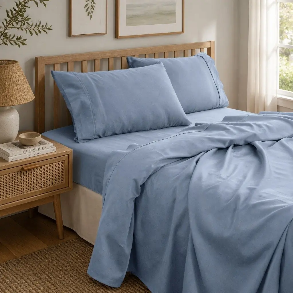 Bamboo Cotton Sheet Set King Size Bedding Blue Fog 1000TC